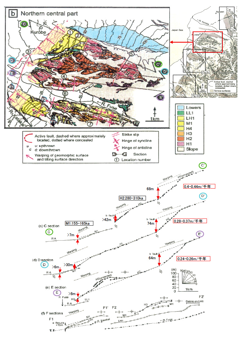 図４ 断面図測線位置 断層活動に伴う河成面の変形を示す断面図 松浦ほか ２００７を編集