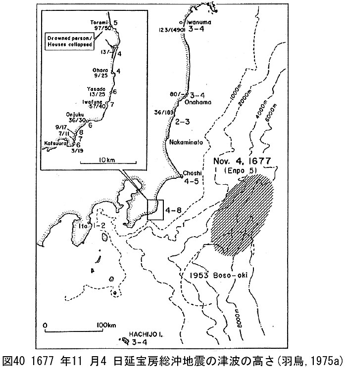 図４０ １６７７年１１月４日延宝房総沖地震の津波の高さ 羽鳥 １９７５ａ