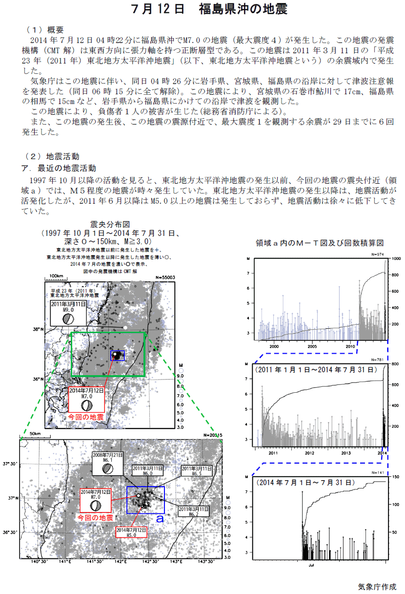 ７月１２日 福島県沖の地震 １