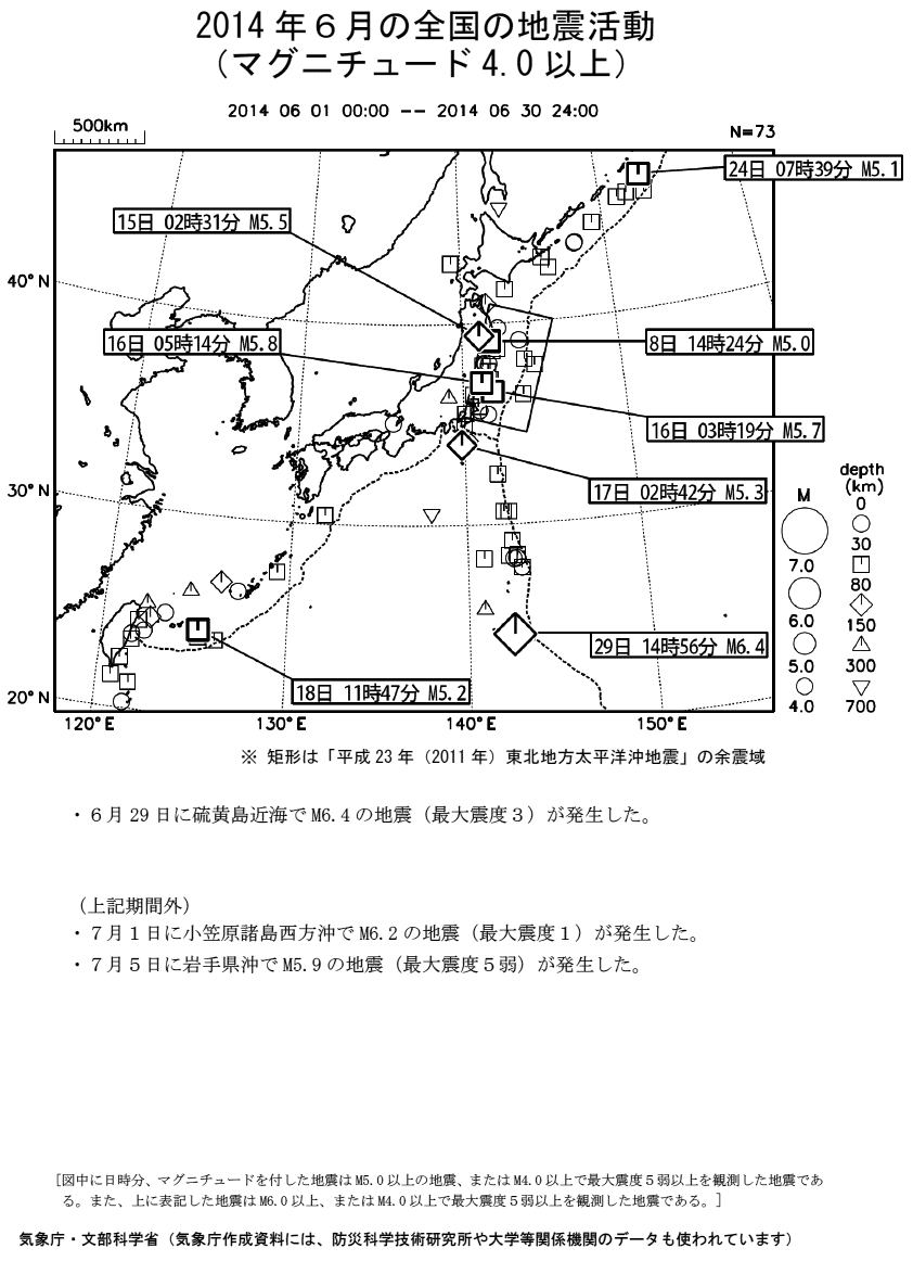 ２０１４年６月の全国の地震活動 マグニチュード４ ０以上