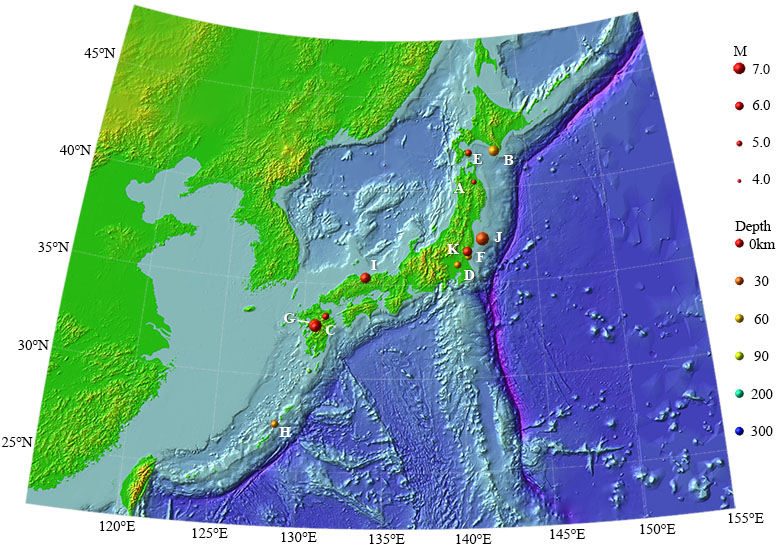 2016年の主な地震活動の図