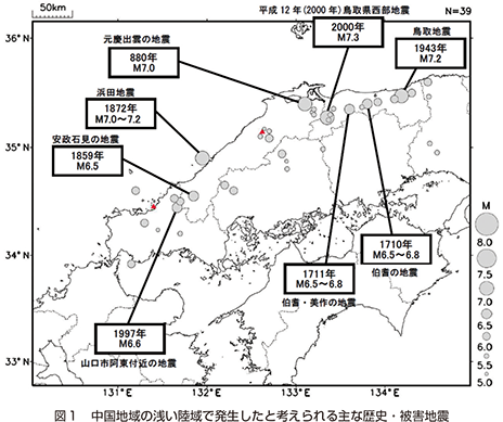 図１　中国地域の浅い陸域で発生したと考えられる主な歴史・被害地震