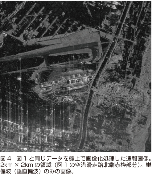 図4  図1と同じデータを機上で画像化処理した速報画像。2km×2kmの領域（図1の空港滑走路北端赤枠部分）。単偏波（垂直偏波）のみの画像。