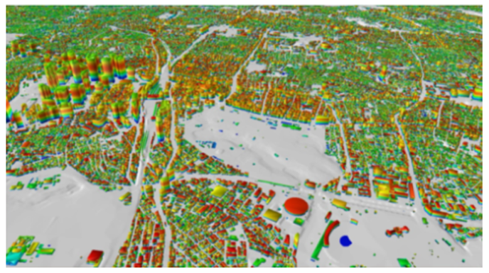 図2　首都圏地震観測網（MeSO-net）で記録された波形等から、建物一棟一棟の揺れを三次元的に可視化した例（東京大学地震研究所提供）