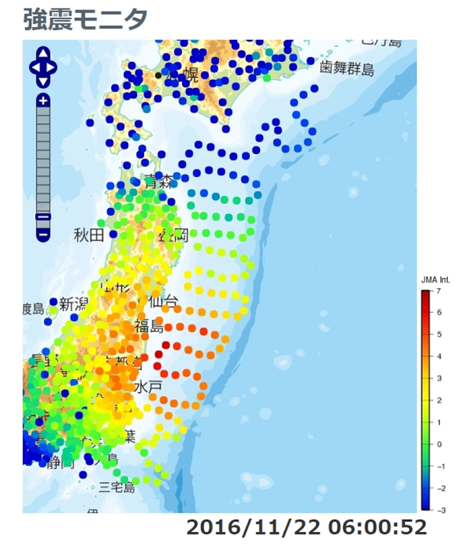 図4　福島県沖の地震の陸域（K-NET・KiK-net）と海域（S-net）の強震動データ（リアルタイム震度）を統合した揺れの伝播の様子。動画は図３と同じURLをご覧ください。