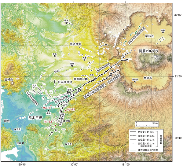熊本地震に伴う地震断層と側方流動の分布