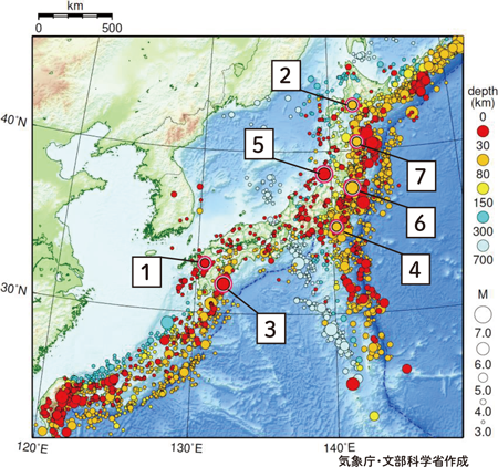 2019年に日本国内及びその周辺で発生した M 3.0 以上の地震の震央分布