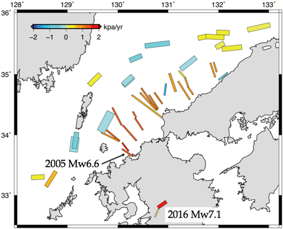 日本海南部の震源断層および布田川断層帯・日奈久断層帯における地震発生のしやすさを表すクーロン応力