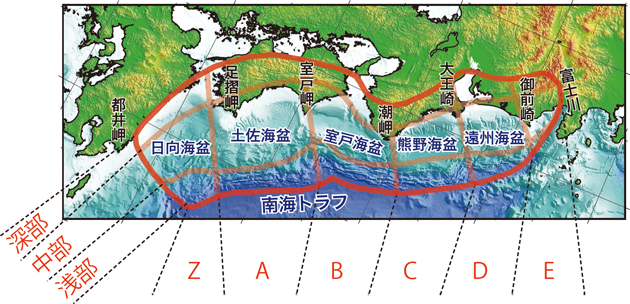 図２ 南海トラフの評価対象領域とその区分け（南海トラフの長期評価の図に加筆）
